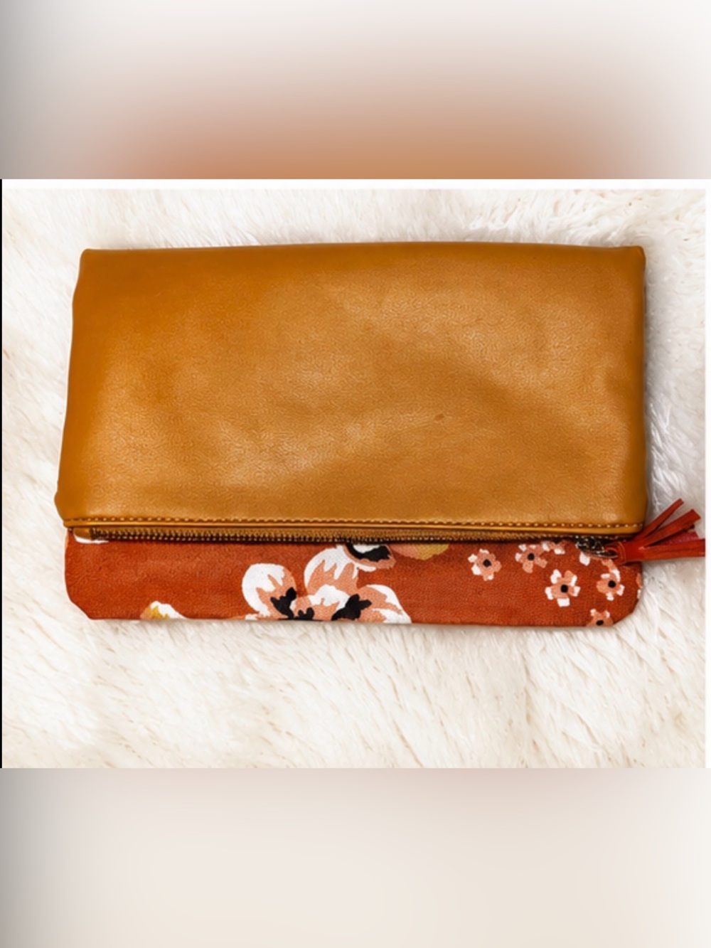 Rachel Pally Mustard Floral Foldover Clutch Tassel Zip Bag - Vegan Leather